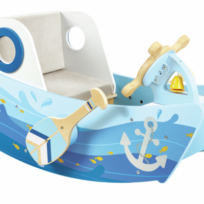 Bateau à bascule Hape E1214 bleu avec gouvernail, rames mobiles, cloche et siège capitonné