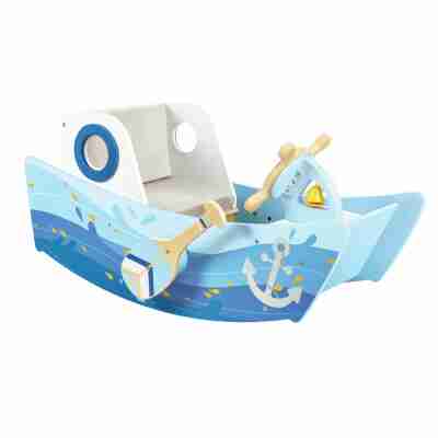 Bateau à bascule Hape E1214 bleu avec gouvernail, rames mobiles, cloche et siège capitonné