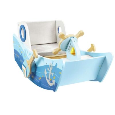 Bateau à bascule Hape E1214 avec gouvernail en bois, cloche jaune et siège rembourré