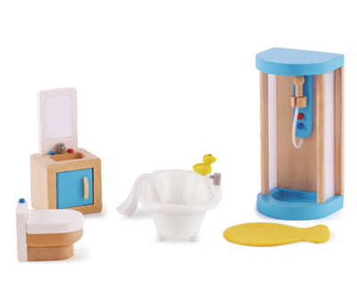 Salle de bains Hape E3451 installée dans une maison de poupées avec douche, baignoire, lavabo et toilettes