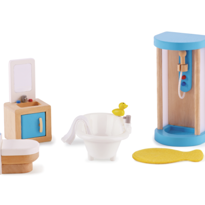 Salle de bains Hape E3451 installée dans une maison de poupées avec douche, baignoire, lavabo et toilettes