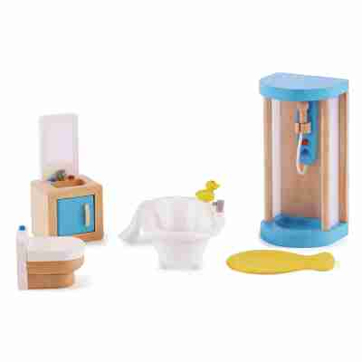 Salle de bains Hape E3451 installée dans une maison de poupées avec douche, baignoire, lavabo et toilettes