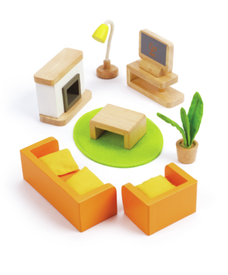 Salon Hape E3452 pour maison de poupées avec canapé, fauteuil, table, cheminée, télévision, lampe et plante