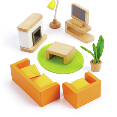 Salon Hape E3452 pour maison de poupées avec canapé, fauteuil, table, cheminée, télévision, lampe et plante