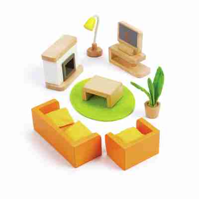 Salon Hape E3452 pour maison de poupées avec canapé, fauteuil, table, cheminée, télévision, lampe et plante