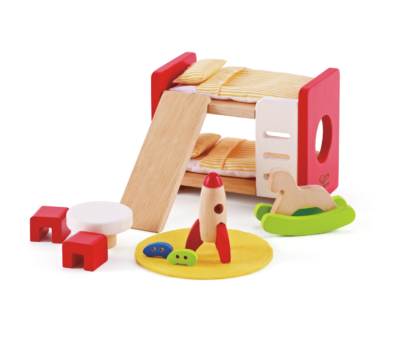 Chambre d'enfant Hape E3456 avec lits superposés, table, sièges, fusée et cheval à bascule