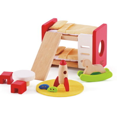 Chambre d'enfant Hape E3456 avec lits superposés, table, sièges, fusée et cheval à bascule