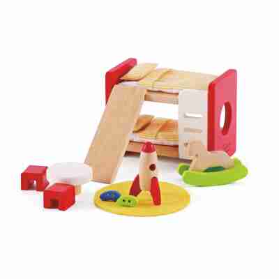 Chambre d'enfant Hape E3456 avec lits superposés, table, sièges, fusée et cheval à bascule