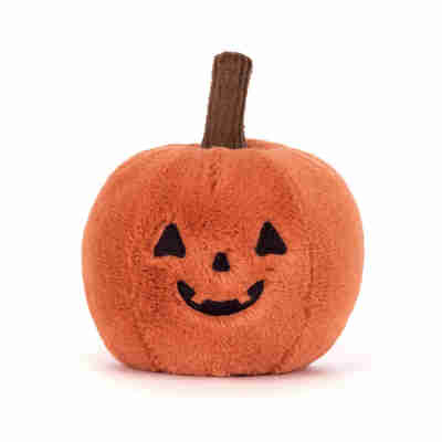 Peluche citrouille Ooky Jack O Lantern Jellycat de face avec sourire noir brodé