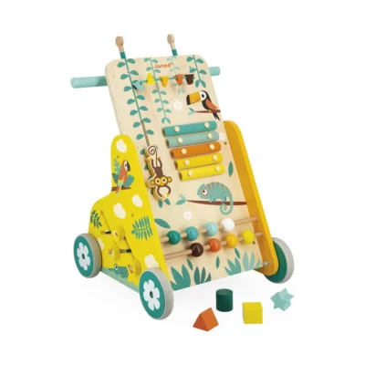 Chariot de marche multi-activités Tropik Janod en bois avec xylophone, bouliers et boîte à formes