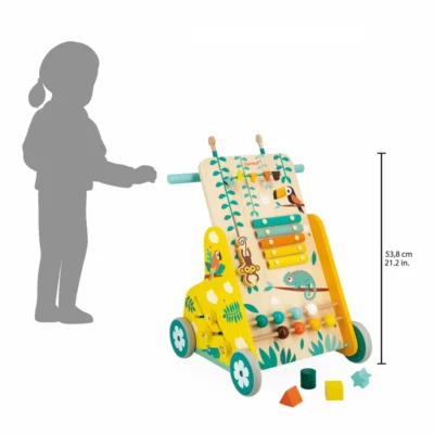 Chariot de marche multi-activités Tropik Janod J08269 présenté à hauteur d’enfant