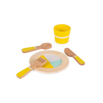 Assiette, verre et couverts jaunes de la dinette en bois Janod