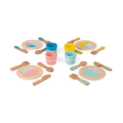 Ptit Loustic – Magasin de jeux et jouets à Saint-Étienne 2 Dinette en bois Janod J06600 avec assiettes, verres et couverts colorés