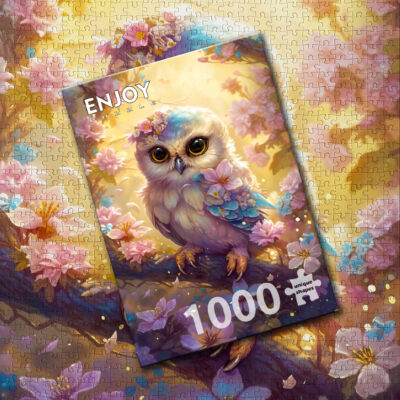 Puzzle Gentle Owl Enjoy de 1000 pièces assemblé avec sa boîte posée sur l’illustration