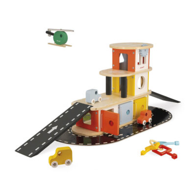 Garage Bolid Janod en bois sur 3 niveaux avec voitures, hélicoptère, rampes et circuit