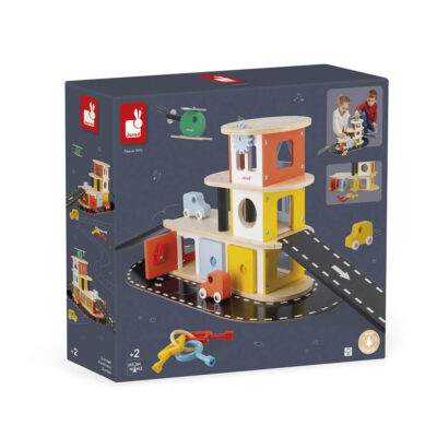 Boîte du Garage Bolid Janod J04636 avec illustration du garage et de ses accessoires