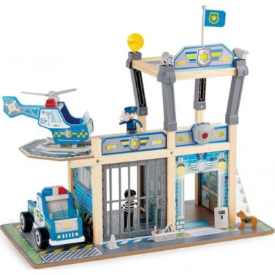 Ptit Loustic – Magasin de jeux et jouets à Saint-Étienne 4 Commissariat de police Hape E3050 à deux niveaux avec voiture, hélicoptère, cellule et personnages