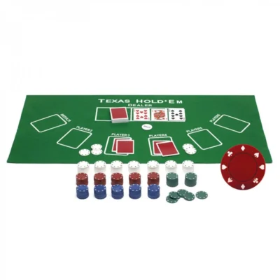 Contenu du coffret Texas Hold’em avec tapis vert, cartes, bouton Dealer et jetons de poker
