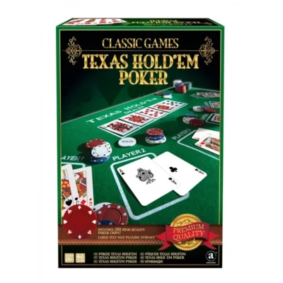 Boîte du coffret Texas Hold’em Poker avec illustration du tapis, des cartes et des jetons