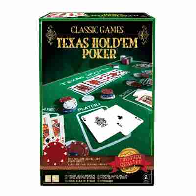 Boîte du coffret Texas Hold’em Poker avec illustration du tapis, des cartes et des jetons