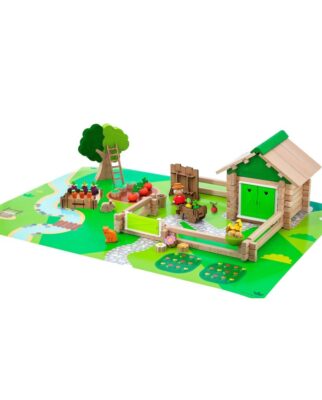 Maison et jardin Jeujura construits sur le tapis de jeu avec potager et accessoires
