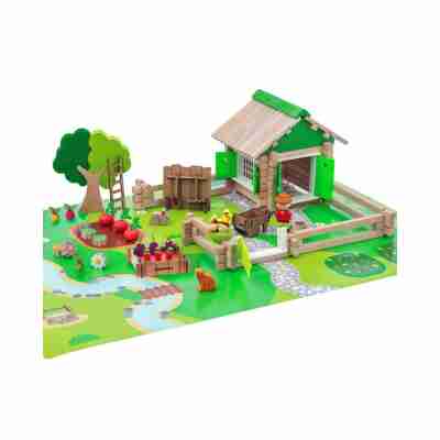 Jeu de construction Jeujura avec maison en bois, jardinier, potager, arbre et brouette