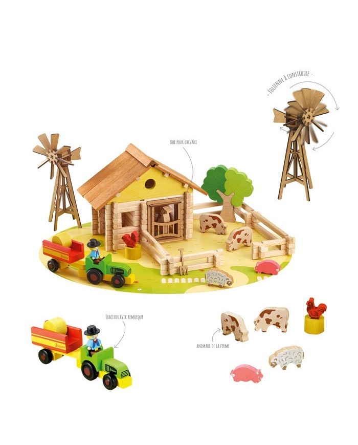 Ma ferme en bois - 145 pieces 3 Ferme en bois Jeujura avec éolienne, tracteur et remorque, fermier et animaux