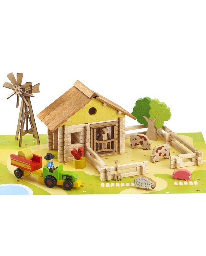 Ma ferme en bois - 145 pieces 2 Ma ferme en bois Jeujura construite avec maison, enclos, tracteur et animaux de la ferme