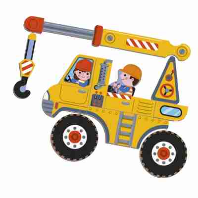 Camion-grue jaune assemblé avec les magnets du Magnéti'book construction Janod