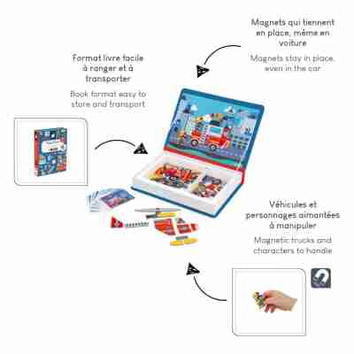 Magnéti'book pompiers Janod au format livre avec véhicules et personnages aimantés