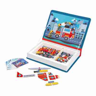 Magnéti'book pompiers Janod ouvert avec magnets et cartes modèles
