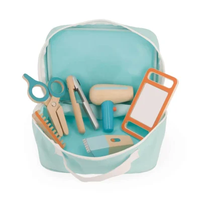 Ptit Loustic – Magasin de jeux et jouets à Saint-Étienne 2 Mallette du coiffeur Janod ouverte avec accessoires de coiffure en bois