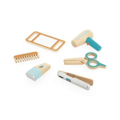 Accessoires en bois Janod avec sèche-cheveux, ciseaux, peigne, tondeuse, lisseur et miroir