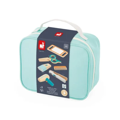 Mallette bleu ciel du coiffeur Janod J06549 avec présentation des 6 accessoires