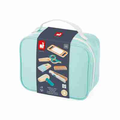 Mallette bleu ciel du coiffeur Janod J06549 avec présentation des 6 accessoires