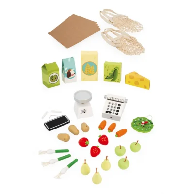 Accessoires de la Marchande Farm Market Janod avec fruits, légumes, aliments et sacs