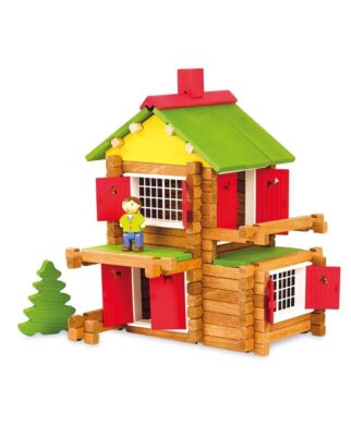 Chalet Jeujura construit en bois avec toit vert, volets rouges, balcons et personnage