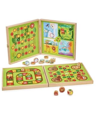 Ptit Loustic – Magasin de jeux et jouets à Saint-Étienne 2 Mon premier coffret de jeux Jeujura ouvert avec quatre plateaux, pions, palets et dé en bois