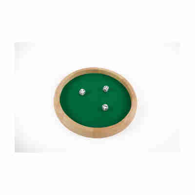Piste de dés ronde de 29 cm avec cadre en bois naturel, intérieur vert et trois dés