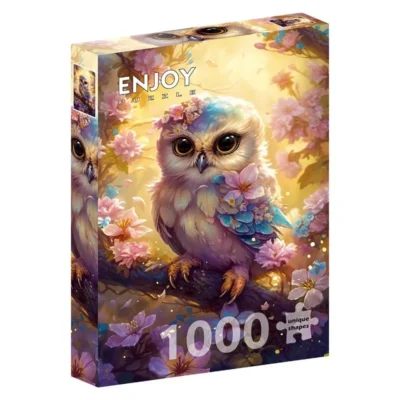 Boîte du puzzle Gentle Owl Enjoy de 1000 pièces représentant une petite chouette entourée de fleurs