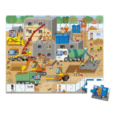 Puzzle Chantier Janod assemblé avec grue, pelleteuse, bétonnière et ouvriers