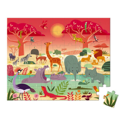 Puzzle La Réserve Animalière Janod assemblé avec éléphants, girafe, lions et hippopotames