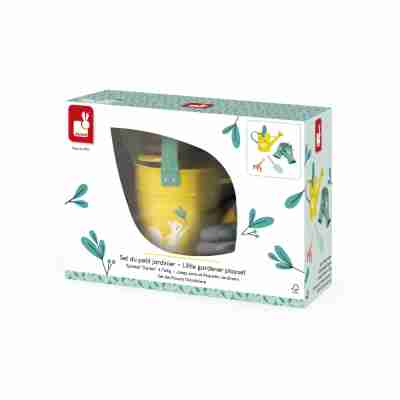 Boîte du Set du Petit Jardinier Janod avec arrosoir et outils de jardinage