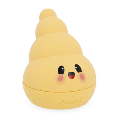 Souffleur de bulles Bullix Janod jaune en forme de coquillage souriant