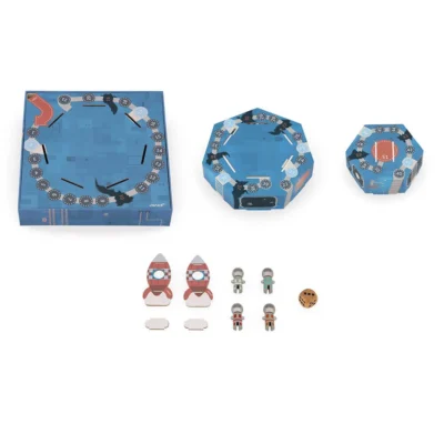 Contenu du jeu Space J Janod avec plateaux, fusées, astronautes et dé en bois