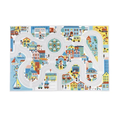 Tapis circuit Ville Cross Roads Janod avec routes, bâtiments et personnages