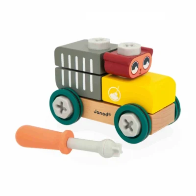 Ptit Loustic – Magasin de jeux et jouets à Saint-Étienne 3 Voiture à bricoler Ours Janod assemblée avec tournevis orange